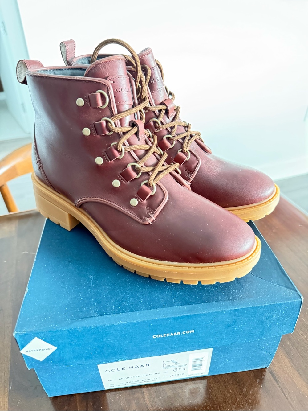 Cole Haan Maroon Leather Lace-Up Hiking Boots with Tan Sole